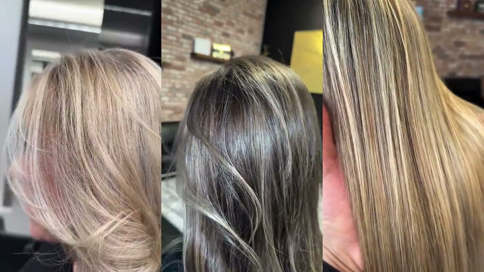 Drei Farbarbeiten von Cayenn Toy: blonde Wellen, Soft Brown und glatte Blondlängen